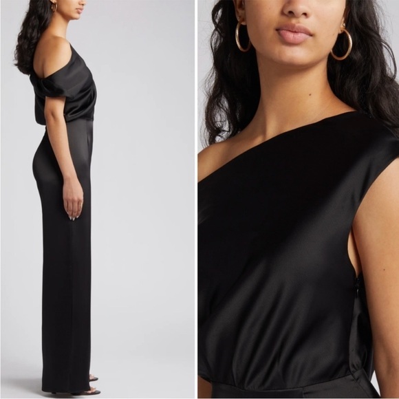 WAYF The Keita One Shoulder Satin Jumpsuit NWT Size Small - Picture 2 of 8